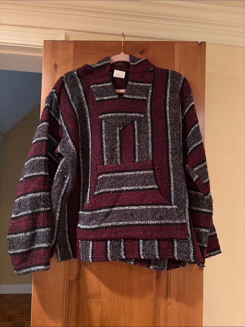 Striped Maroon and Gray Crewneck Baja Sweater